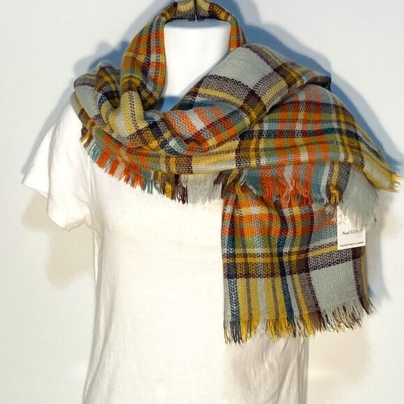 Neal LINK NWT Large plaid scarf or wrap 59 x 59 multi colored - Picture 1 of 6